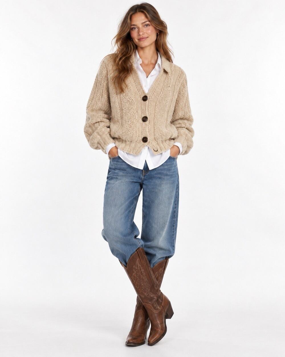 Ann Wi Women’s Knit Beige Mohair Wool Nylon Button V-Neck Cardigan Pockets L